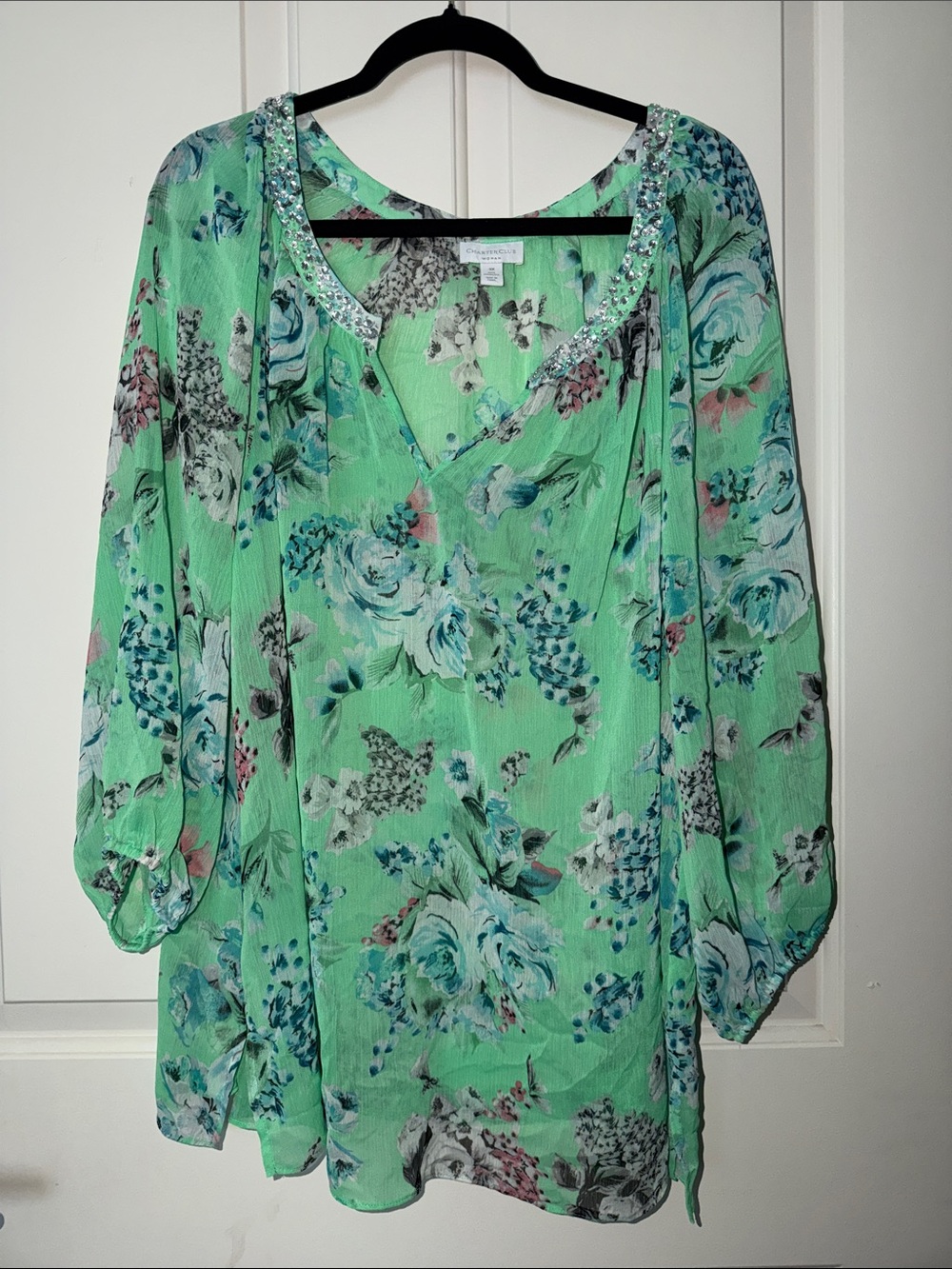 Charter Club Mint Green Floral Beaded V-Neck Tunic